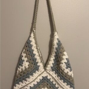 Hand made Crochet Patterned Bag in Gray and White